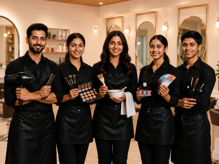 Five Indian salon professionals representing hair, makeup, beauty, nail and junior artist roles