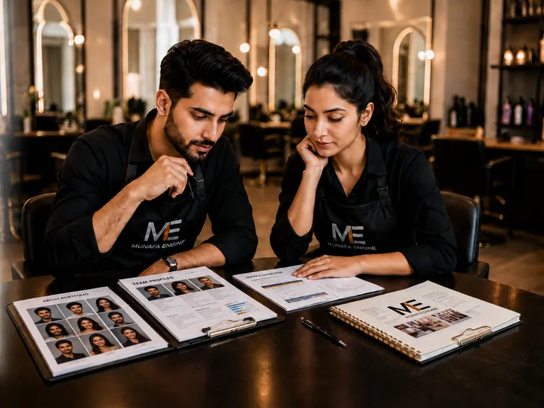 Two Munafa Engine salon artists studying growth profiles and reports
