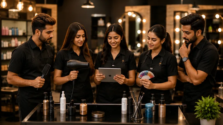 Salon artists reviewing questions