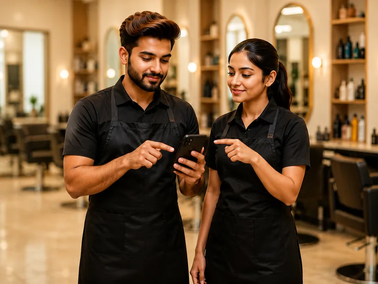 Two salon artists reviewing their next career step on a phone